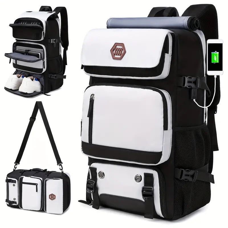 Versatile black and white travel backpack with USB charging port, multiple compartments, and detachable shoulder bag. Ideal for hiking and commuting.