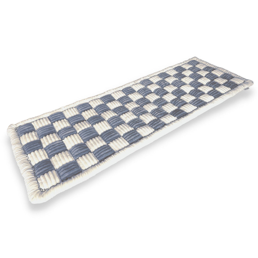 Woven checkered table runner in blue and white, featuring a textured design. Perfect for dining decor, adding elegance and style to any table setting.