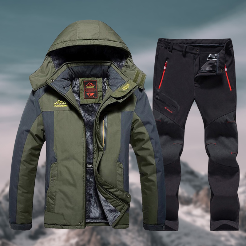 Men's green waterproof winter jacket and black hiking pants set, insulated for outdoor activities.