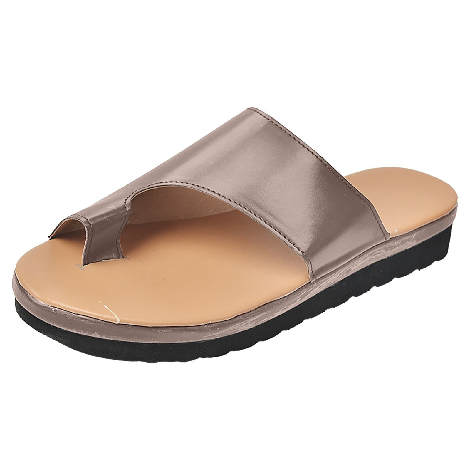 Women's metallic slide sandal with open toe design, cushioned tan footbed, and black sole. Perfect for casual summer wear and beach outings.