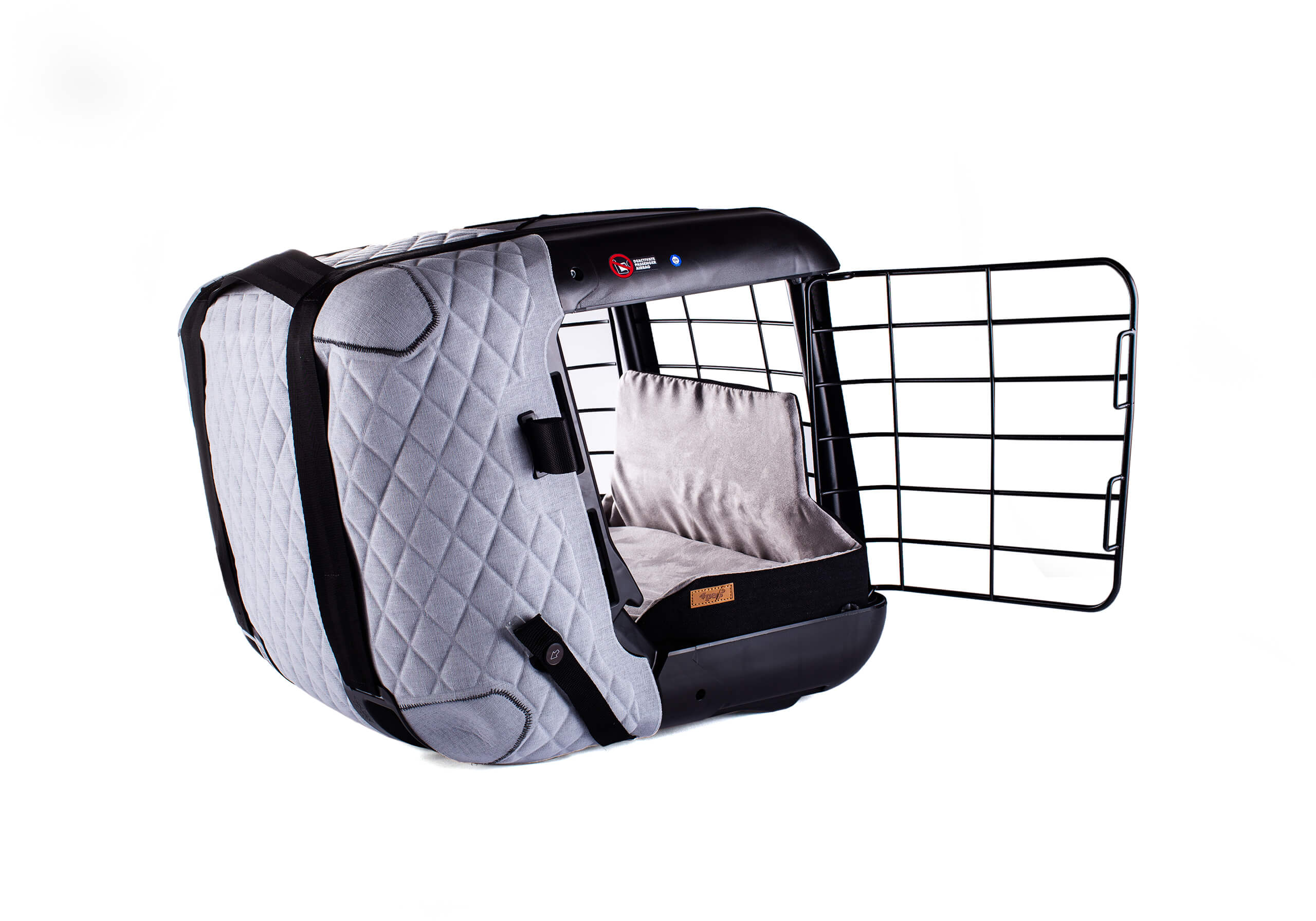 Light grey 4pets Caree dog crate with open metal door, quilted fabric, and cushioned interior. Ideal for pet travel safety and comfort.