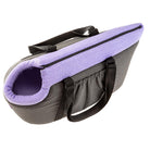 Purple and gray pet carrier bag with black handles, featuring a soft interior and side pocket, ideal for small dogs or cats.