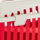 Red and white plastic storage basket with secure latch, featuring vertical slats for ventilation. Ideal for home organization and storage solutions.