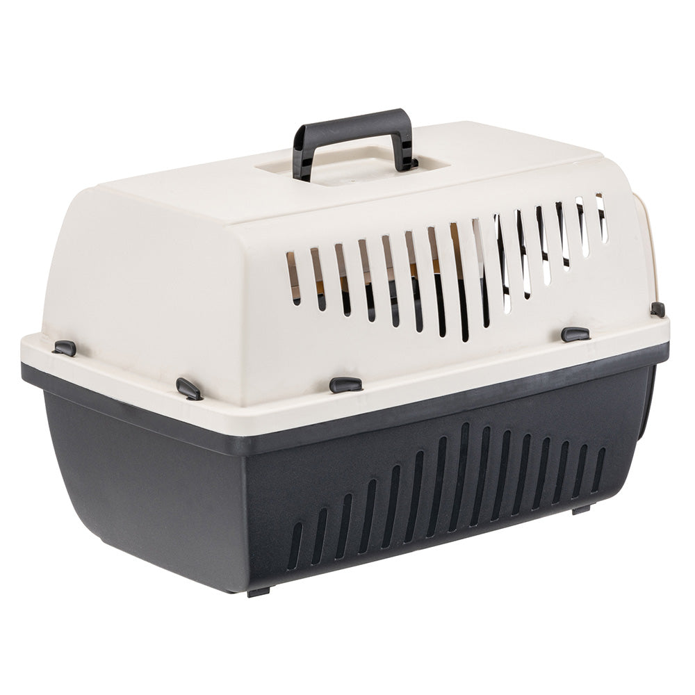 Pet carrier with ventilation slots, durable plastic design, secure latch, and top handle. Ideal for safe pet transport. Portable travel crate.