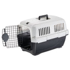 Pet travel carrier with open metal door, durable plastic construction, ventilation slots, and top handle. Ideal for safe pet transport and travel.