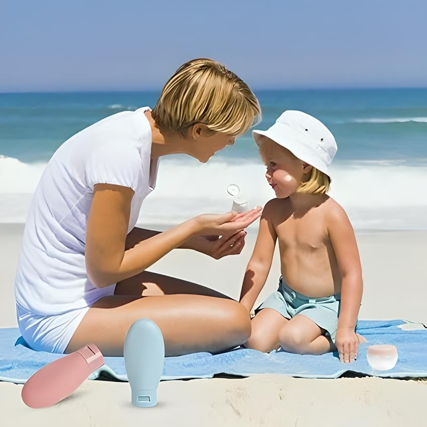 Mother applying sunscreen to child on beach; ocean background, sunny day. Skincare, sun protection, family vacation, summer essentials.