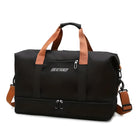 Black travel duffel bag with brown handles and detachable shoulder strap, featuring a front zip pocket and spacious main compartment for versatile use.