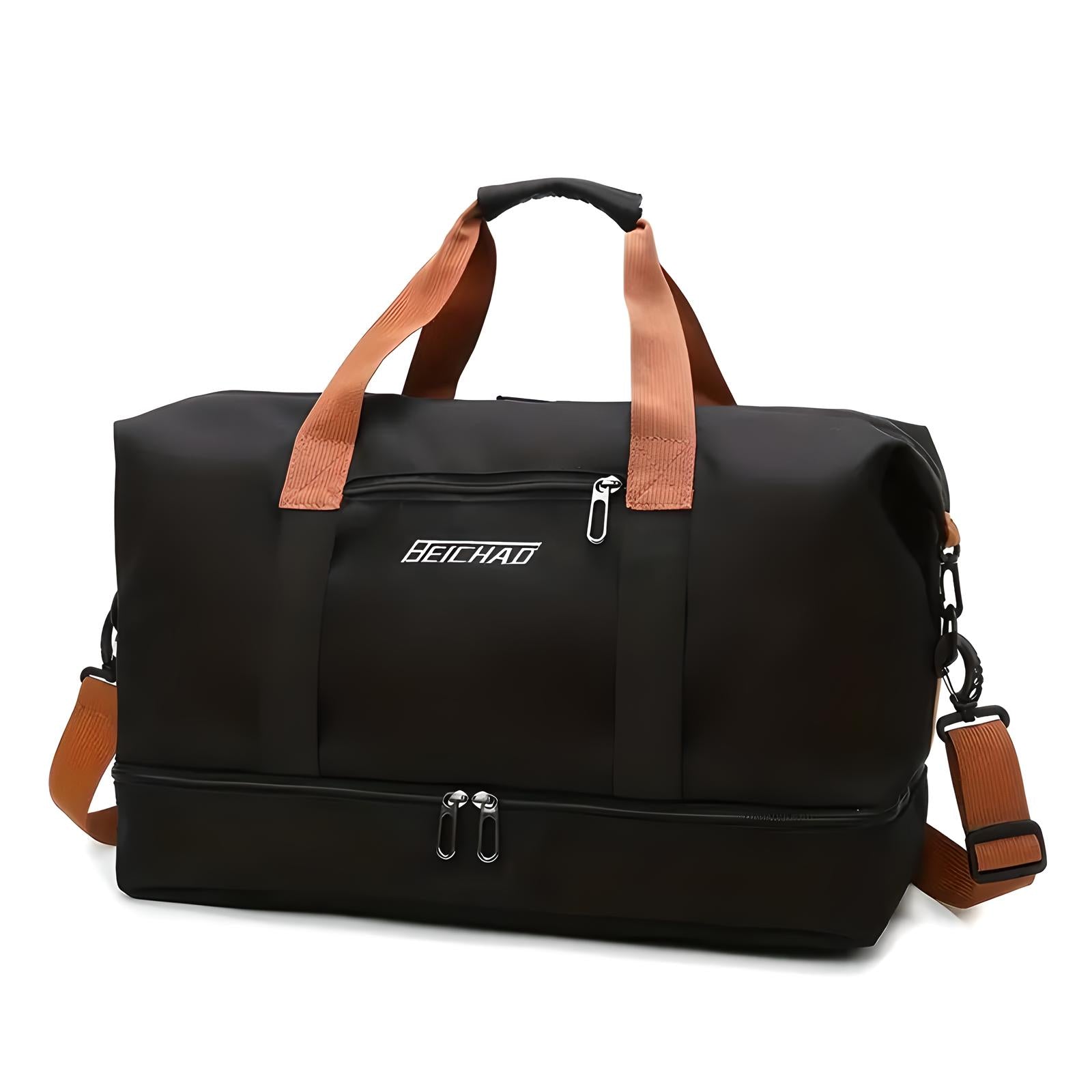 Black travel duffel bag with brown handles and detachable shoulder strap, featuring a front zip pocket and spacious main compartment for versatile use.