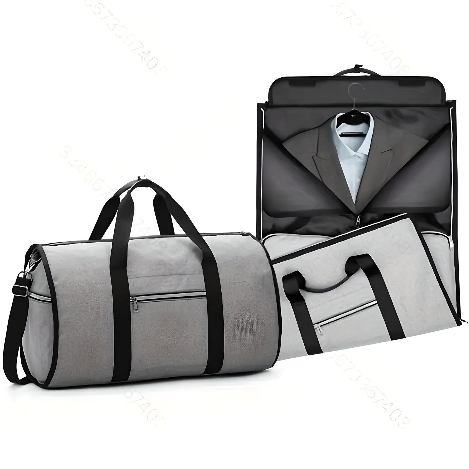 Gray convertible garment duffel bag with black straps, featuring a suit compartment and front zipper pocket. Ideal for travel and business trips.