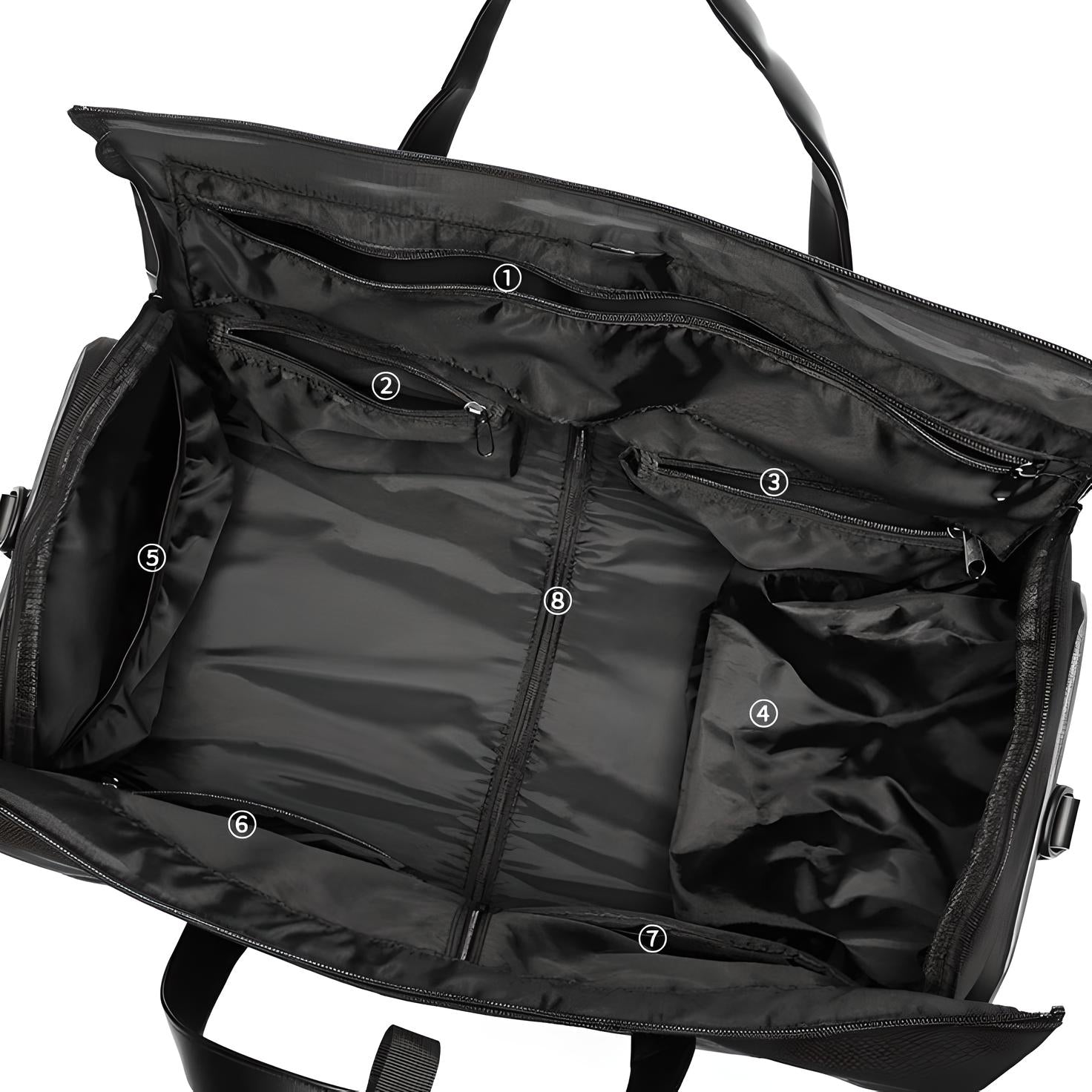 Spacious black travel duffel bag with multiple compartments, durable zippers, and adjustable straps. Ideal for gym, weekend trips, and carry-on luggage.