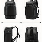 Sleek black backpack with multiple compartments, ergonomic design, and adjustable straps. Ideal for travel, school, or work. Durable and stylish.