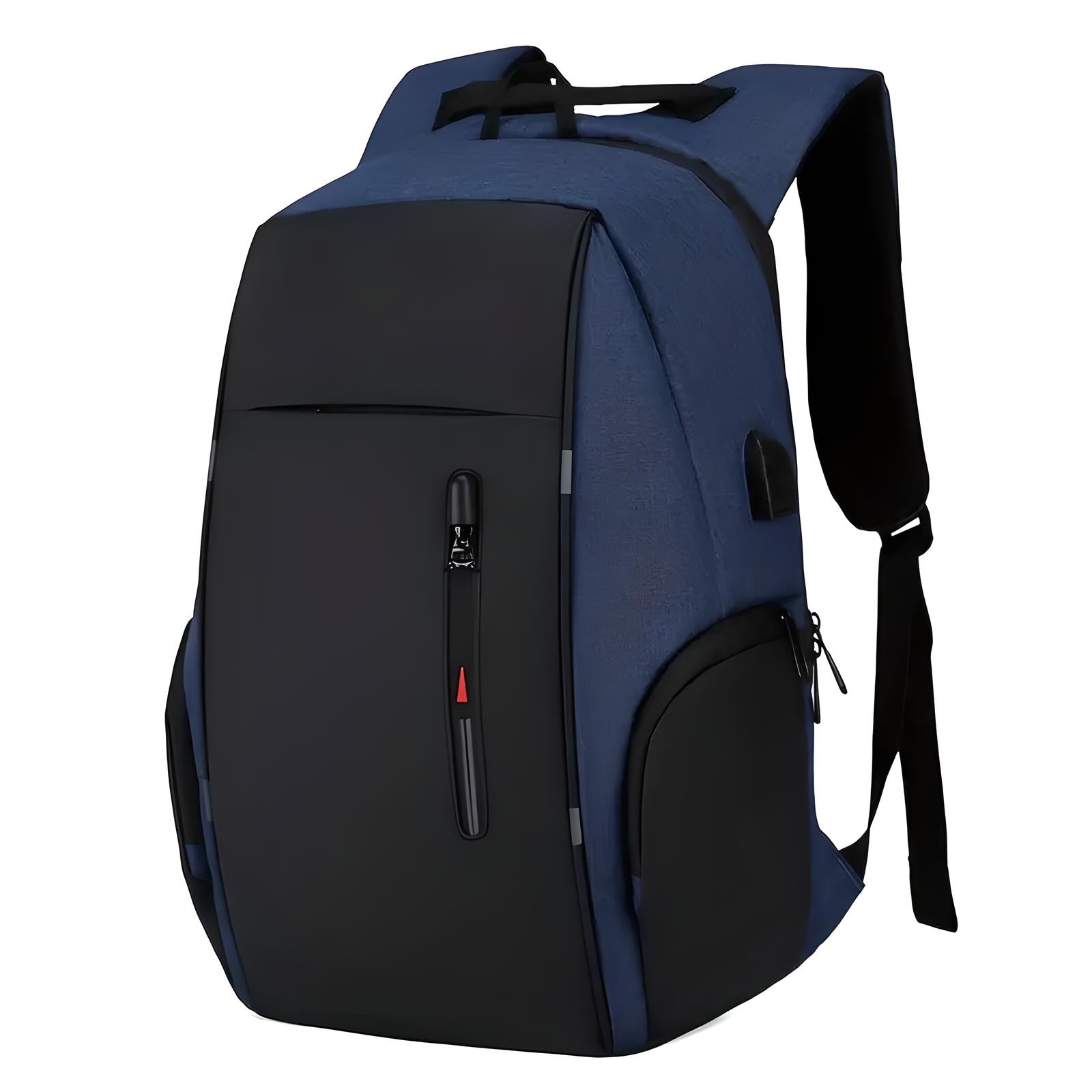 Sleek blue and black anti-theft backpack with USB charging port, ergonomic design, and multiple compartments. Ideal for travel and daily use.