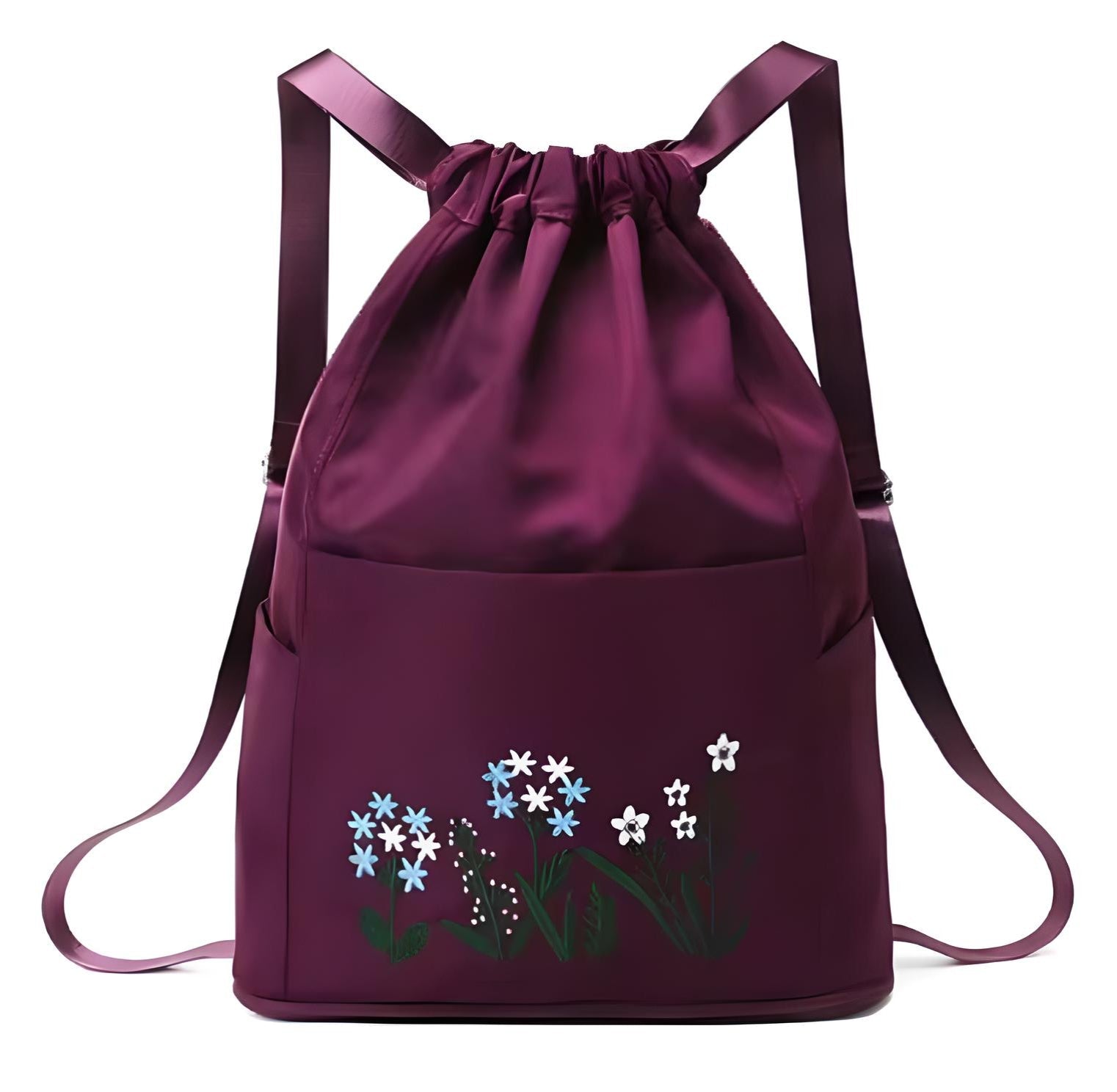 Purple drawstring backpack with floral embroidery, featuring adjustable straps and spacious interior. Stylish, functional bag for travel or daily use.