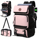 Versatile pink and black travel backpack with USB charging port, shoe compartment, and detachable shoulder strap. Ideal for travel and daily use.