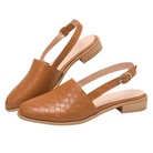 Brown woven leather slingback flats with low wooden heels, featuring a textured design. Perfect for casual wear. Women's fashion footwear.