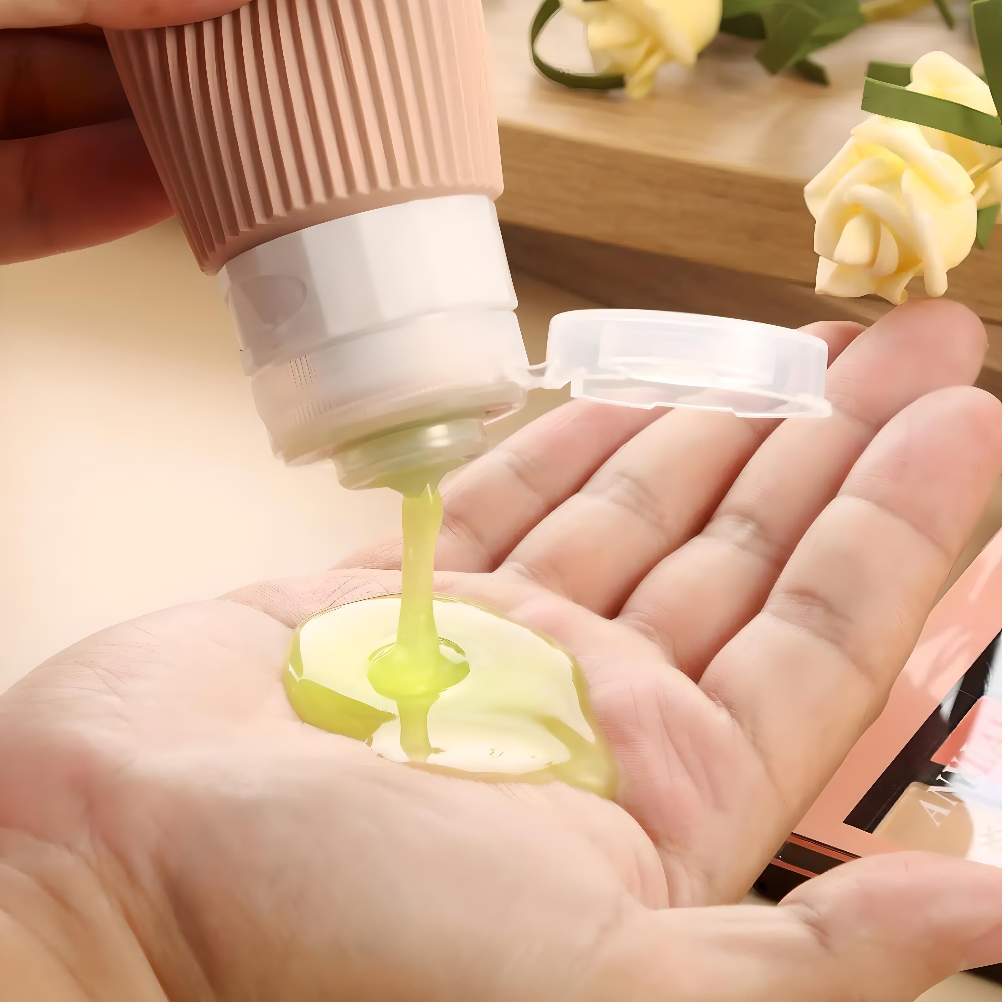 Hand squeezing green gel from a travel-sized silicone bottle, ideal for skincare or toiletries. Eco-friendly, leak-proof design for convenient travel use.