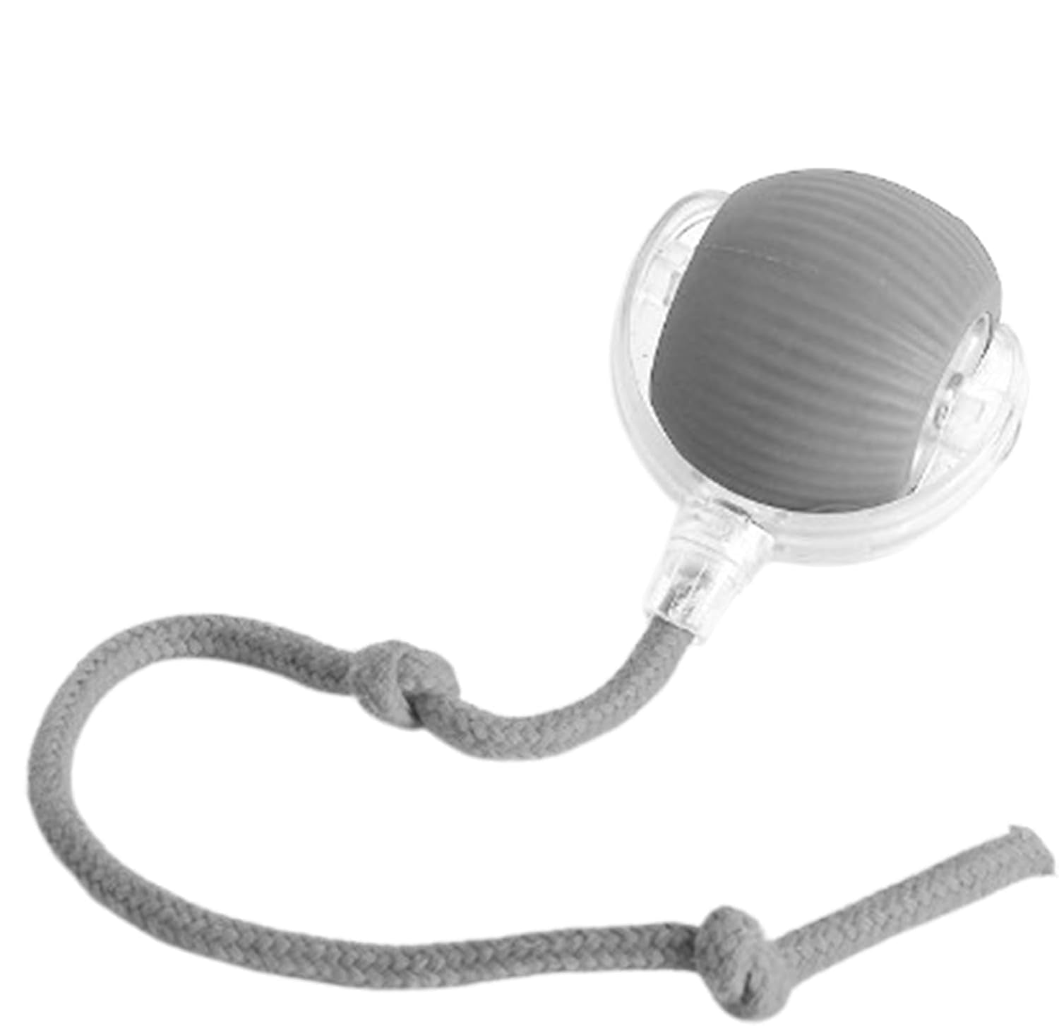 Gray silicone pacifier with a transparent shield and attached looped cord, designed for infants. Durable, BPA-free baby soother for teething relief.