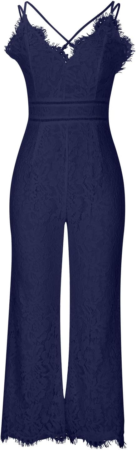 Navy blue lace jumpsuit with spaghetti straps and wide-leg design, perfect for elegant evening wear or formal occasions. Fashionable women's clothing.