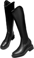 Black knee-high leather boots with block heels, sleek design, and side zipper. Perfect for fashion-forward outfits and versatile styling.