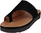 Black leather slide sandal with open toe design, cushioned tan footbed, and durable black sole. Comfortable women's summer footwear.