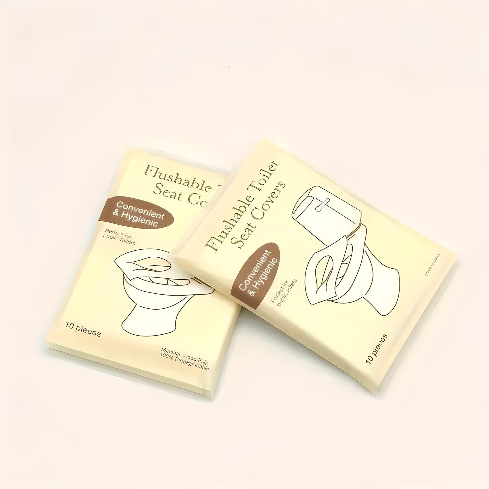 Flushable toilet seat covers packaging, featuring two beige packs labeled "Convenient & Hygienic," ideal for travel and public restrooms, 10 pieces each.