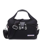 Black waterproof nylon shoulder bag with adjustable strap, multiple zippered compartments, and silver hardware. Ideal for travel and daily use.