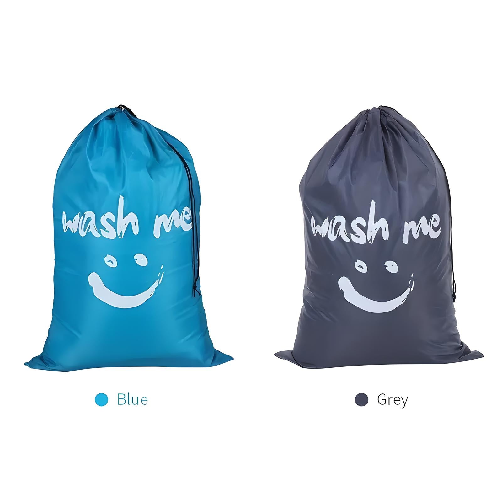 Blue and grey laundry bags with "wash me" text and smiley face design. Durable, waterproof, drawstring closure. Ideal for travel and home use.