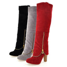 Three stylish knee-high boots in black, gray, and red suede with gold zippers and block heels, perfect for fashion-forward fall and winter outfits.