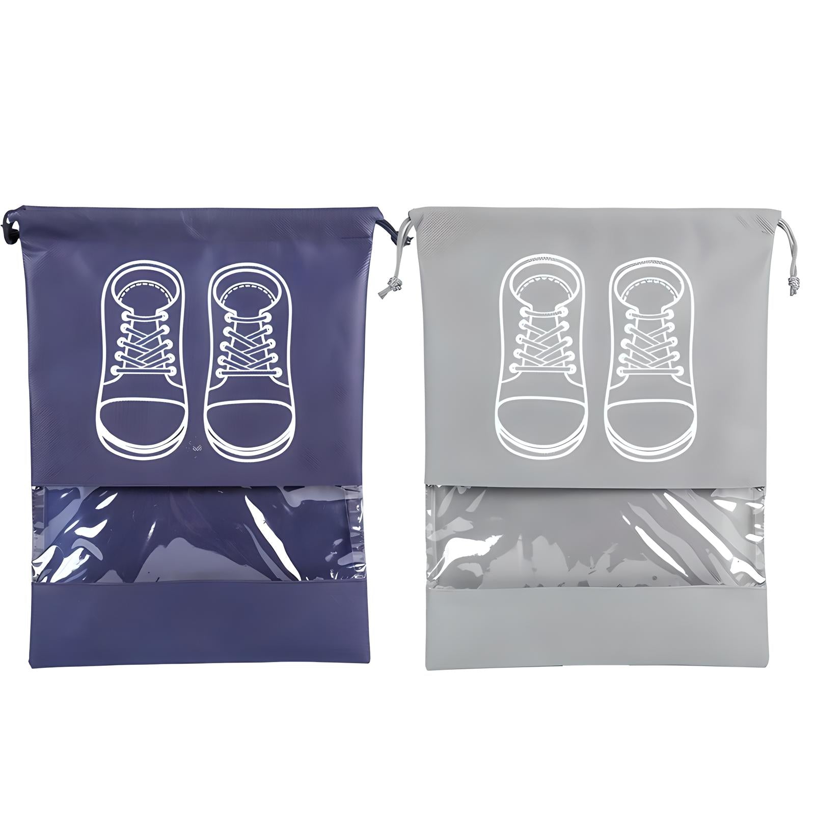 Drawstring shoe bags with transparent windows, featuring sneaker illustrations. Ideal for travel and storage. Durable, waterproof material.