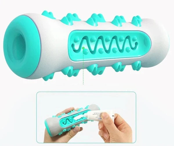 Dog chew toy with turquoise spikes and treat dispenser, durable rubber design, interactive pet toy for dental health and entertainment.