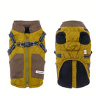 Yellow quilted dog jacket with harness, featuring adjustable straps and soft lining. Ideal for small to medium dogs. Pet apparel, winter dog coat.