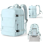 Light blue travel backpack with multiple compartments, adjustable straps, and suitcase handle sleeve. Ideal for travel, school, or work. Durable and stylish.