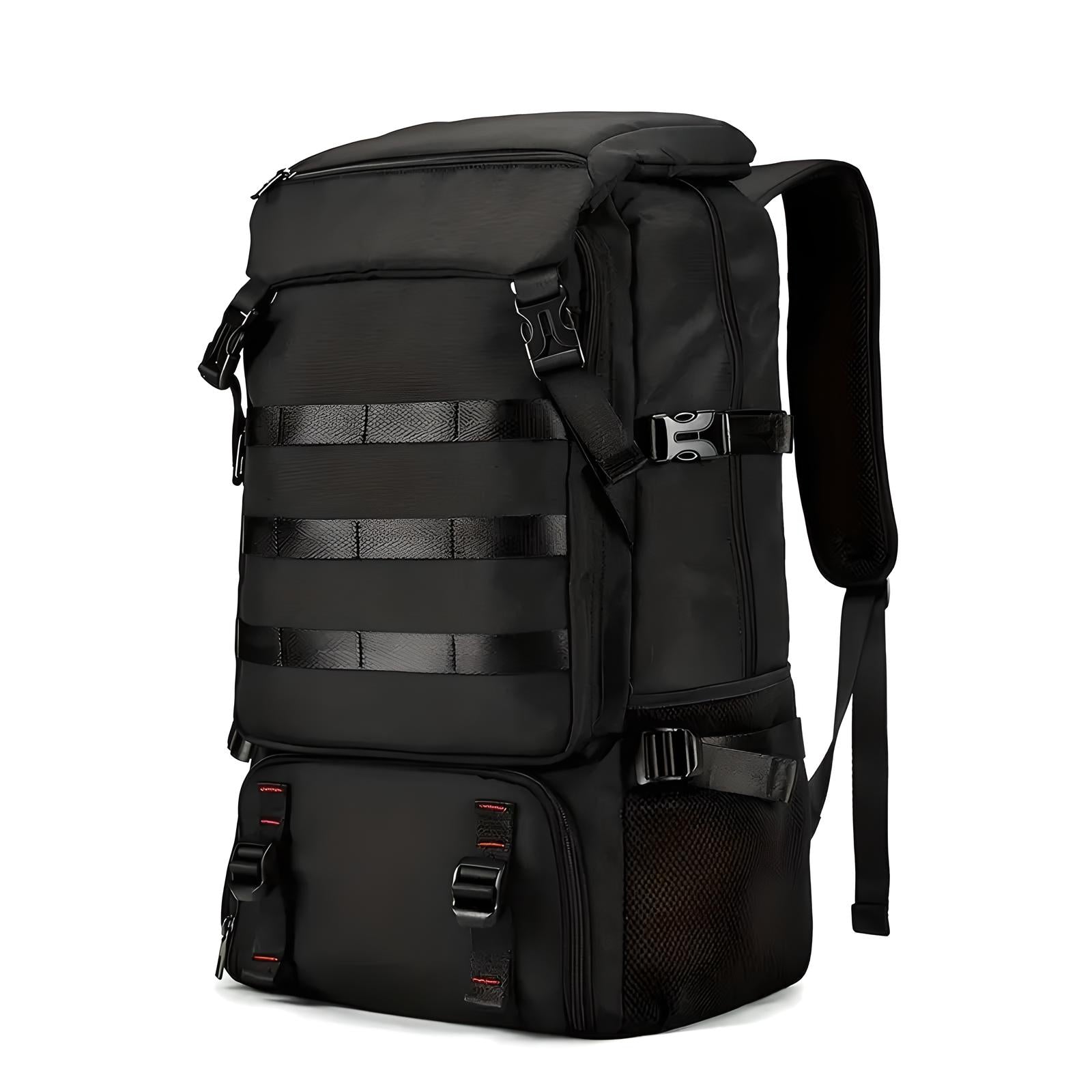 Black tactical backpack with multiple compartments, adjustable straps, and durable material. Ideal for hiking, travel, and outdoor activities.