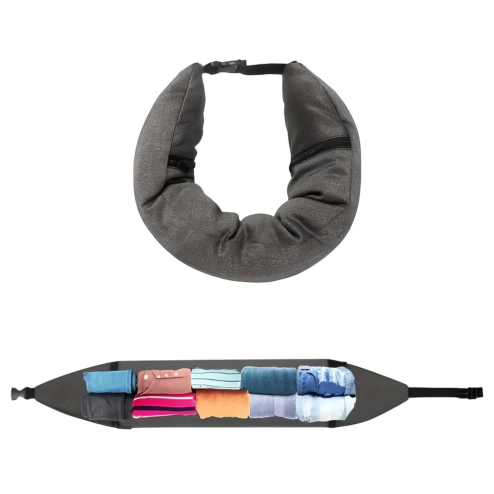 Travel neck pillow with built-in storage compartments, showcasing rolled clothes inside. Perfect for efficient packing and comfortable travel.