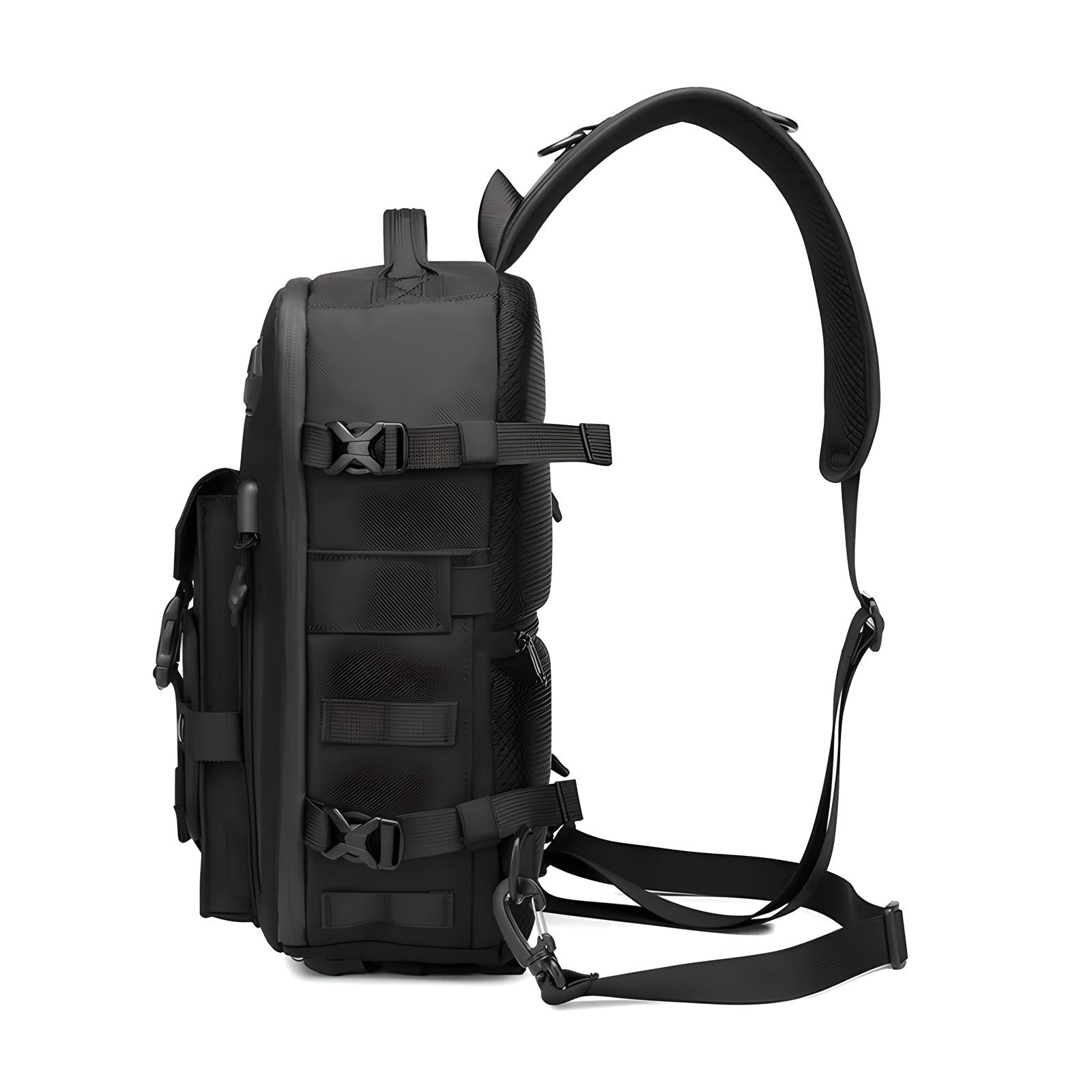 Black tactical backpack with adjustable straps, side pockets, and durable material. Ideal for hiking, travel, and outdoor activities. Rugged design.