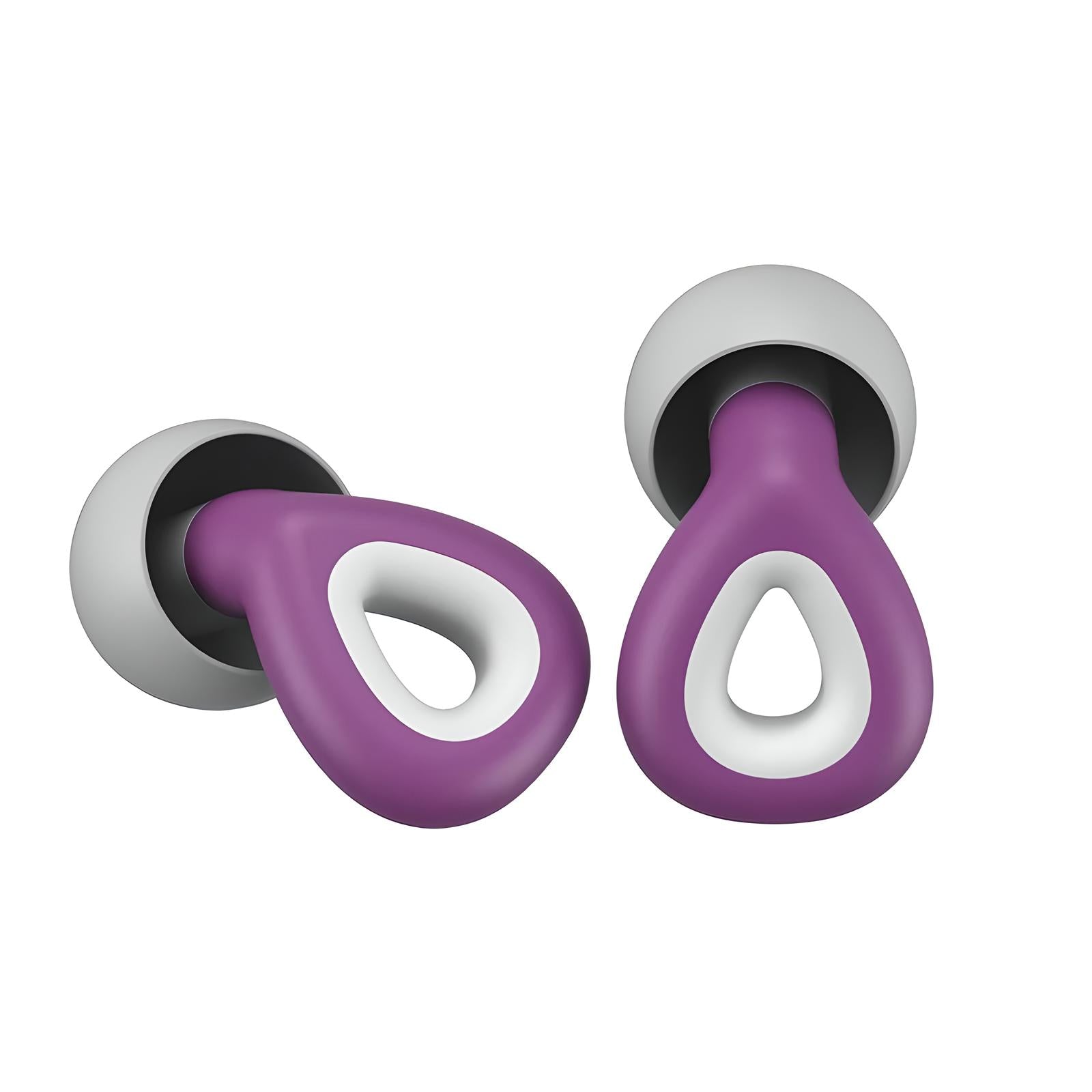 Purple and white ergonomic earplugs with a unique loop design, noise-canceling, comfortable fit, ideal for sleep and travel.