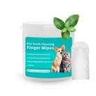 Pet teeth cleaning finger wipes for cats and dogs in a 50-piece container, featuring mint leaves. Unscented, plaque and tartar removal.