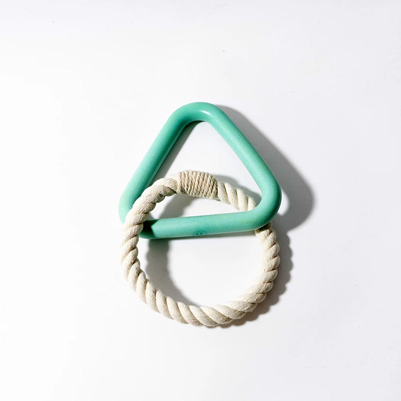 Triangular mint green dog toy with durable rope, perfect for interactive play and chewing. Pet-friendly, non-toxic materials. Ideal for active dogs.