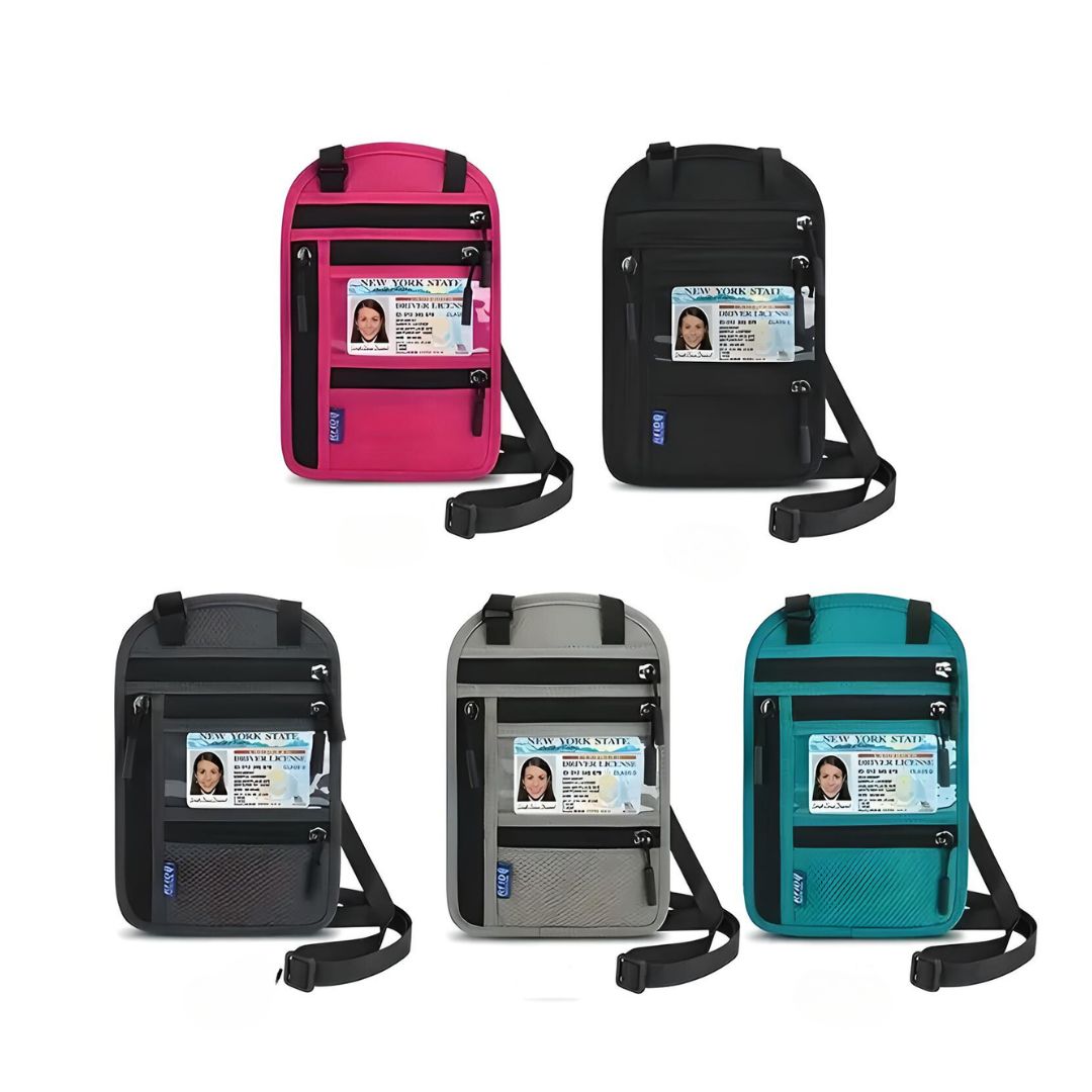 Colorful travel neck wallets with ID window, zipper pockets, and adjustable straps in pink, black, gray, beige, and teal. Ideal for secure travel.