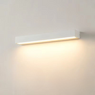 Modern white LED wall light fixture, minimalist rectangular design, emits warm ambient glow, ideal for home interior lighting and energy efficiency.