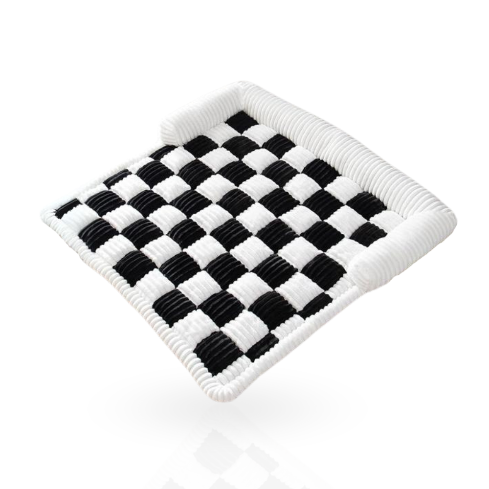 Black and white checkered woven basket on a reflective surface, showcasing intricate craftsmanship and modern design. Perfect for home decor and storage.