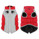 Red and gray dog winter coat with harness, waterproof, padded, reflective, adjustable fit, ideal for small to medium dogs, pet apparel.