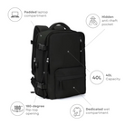 Black travel backpack with 40L capacity, featuring a padded laptop compartment, hidden anti-theft pocket, 180-degree flip-top opening, and dedicated wet compartment.