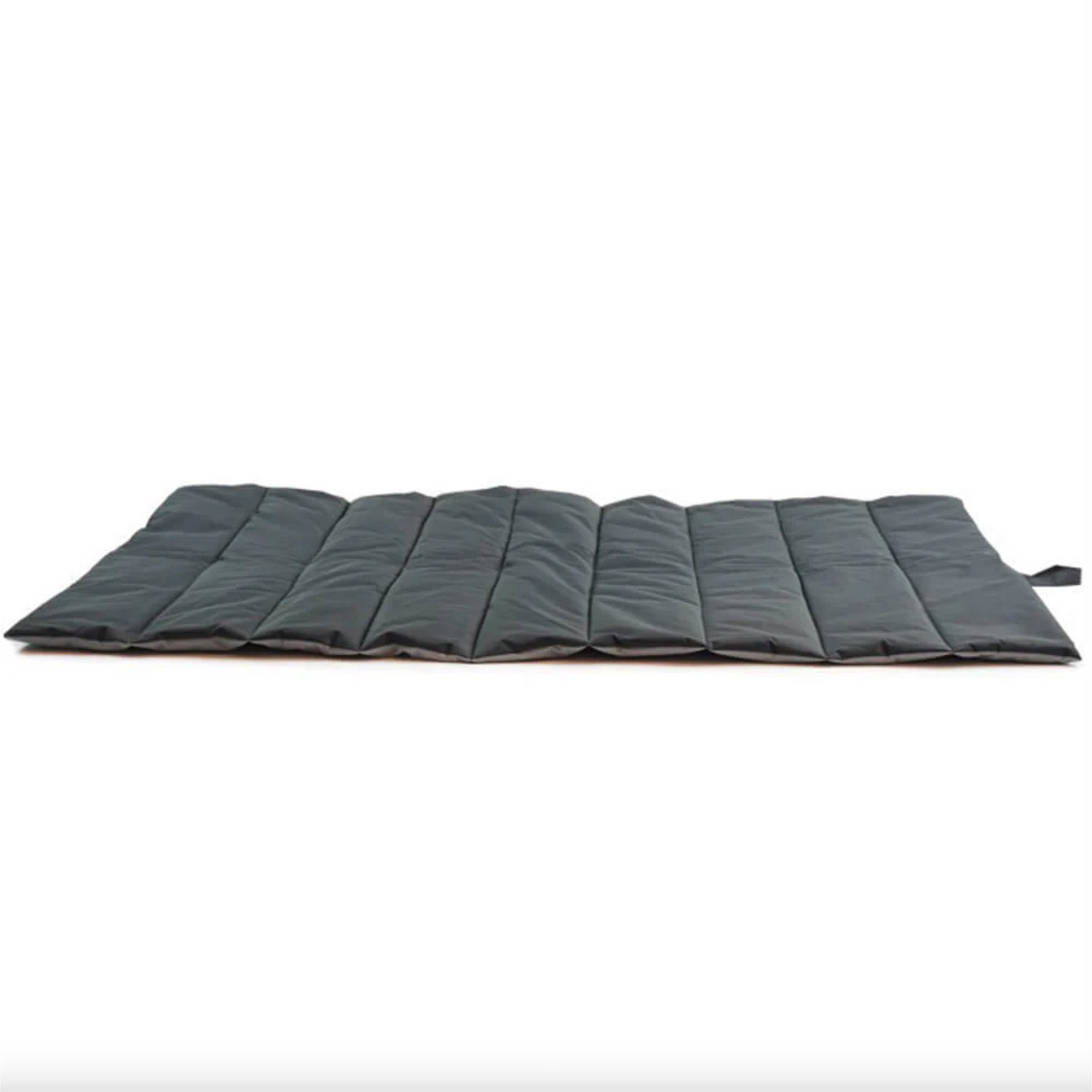 Foldable waterproof outdoor dog mat, durable black design, travel-friendly pet accessory.