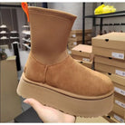 Tan snow boot with plush lining, waterproof, anti-slip sole, and platform design, ideal for winter outdoor activities. Women's 2024 fashion footwear.