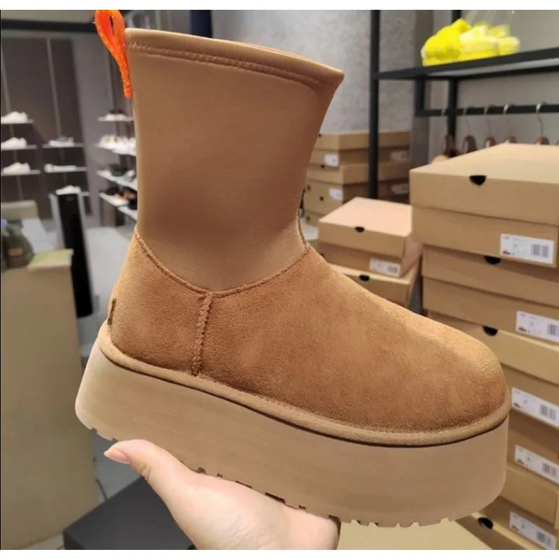 Tan snow boot with plush lining, waterproof, anti-slip sole, and platform design, ideal for winter outdoor activities. Women's 2024 fashion footwear.