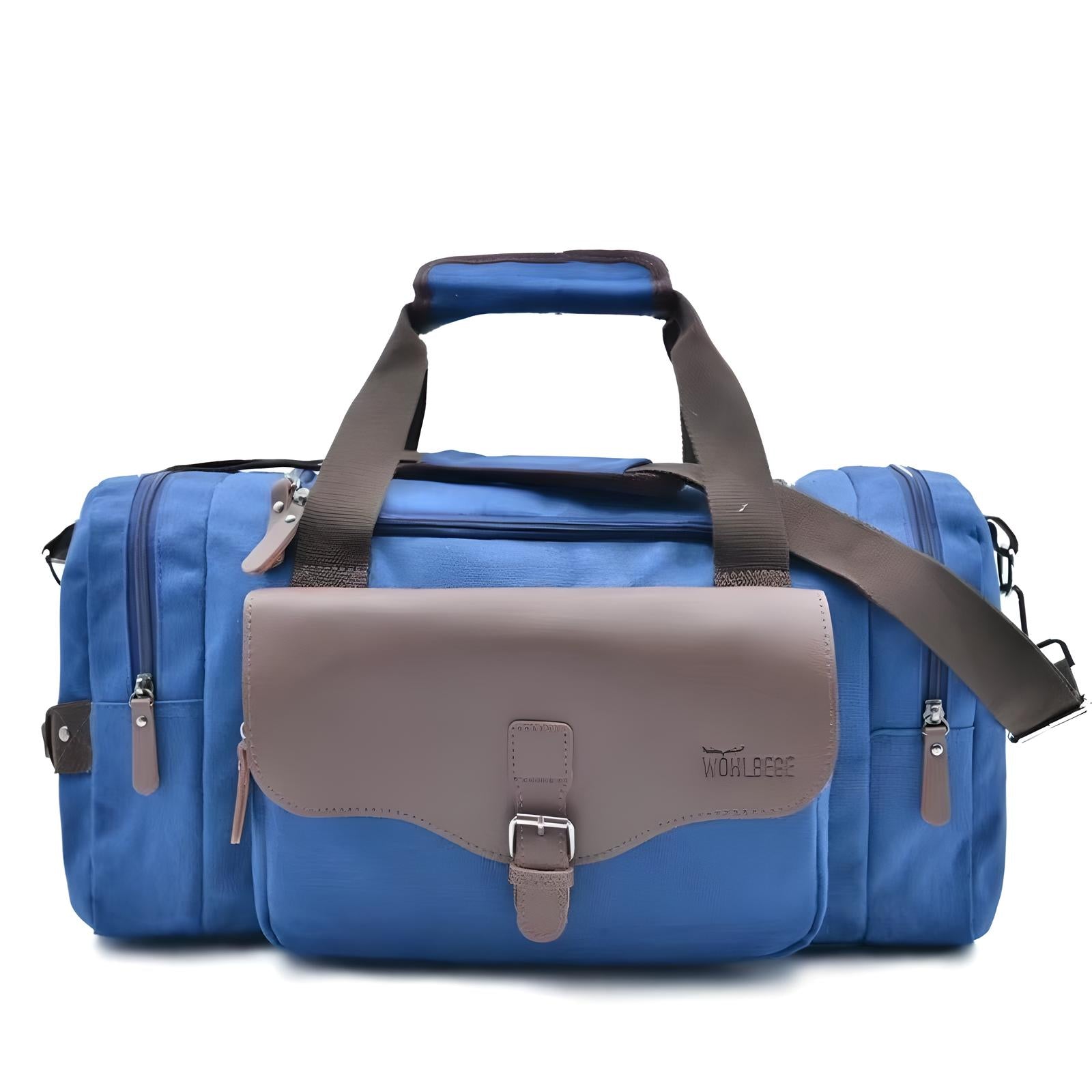 Blue travel duffel bag with brown leather accents, multiple compartments, and adjustable shoulder strap. Ideal for weekend trips and gym use.