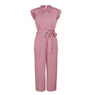 Pink sleeveless jumpsuit with ruffled neckline and waist tie, elegant women's fashion, perfect for summer or casual wear.