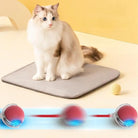 Fluffy white and brown cat sitting on a gray mat with a yellow ball nearby, featuring a red and blue interactive cat toy in the foreground.