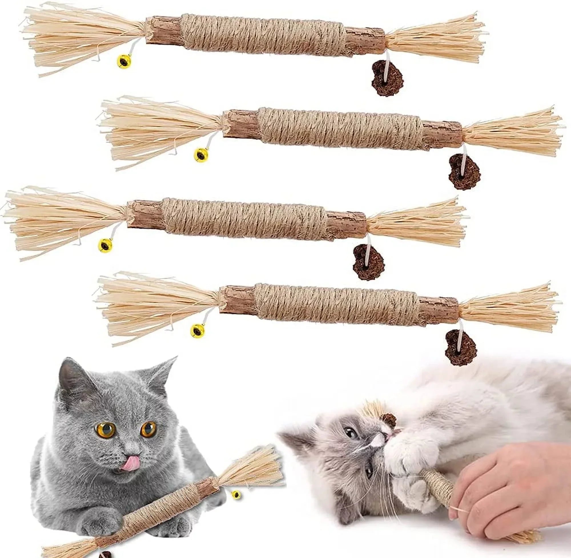 Catnip stick toys for cats, 5-pack. Natural silvervine chew sticks with sisal rope and feathers. Ideal for dental health and playful entertainment.